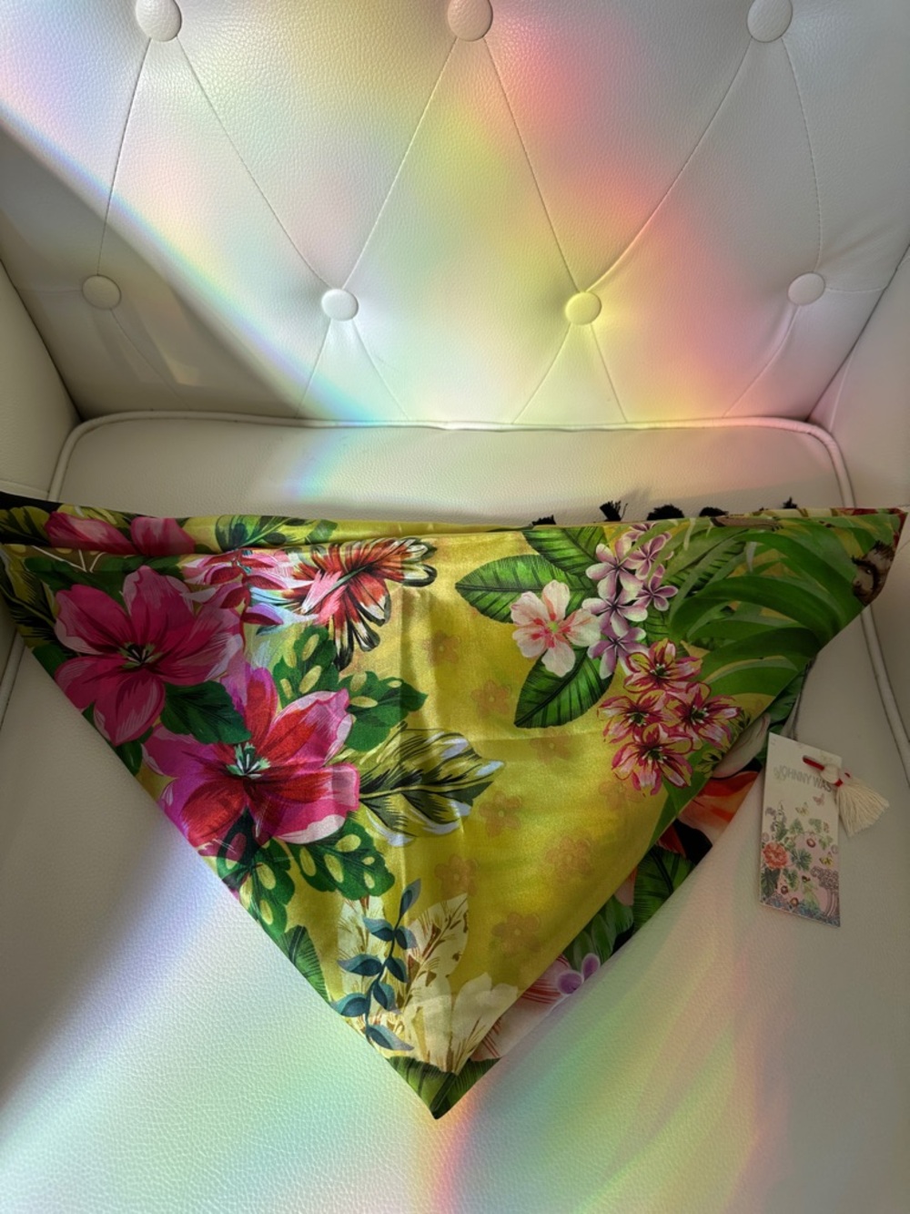 Johnny Was Amorina 100 Silk Scarf Tropical Floral Scarf-Yellow with Pink & Green - Picture 12 of 14